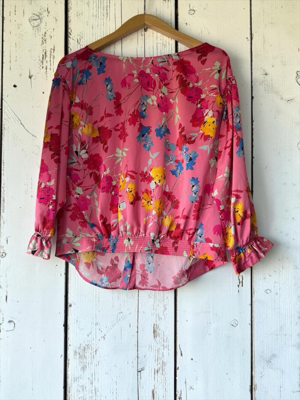 Zara Basic Women's Pink Floral Ruffle Cuffs Smocked Elastic Hem Blouse Size M